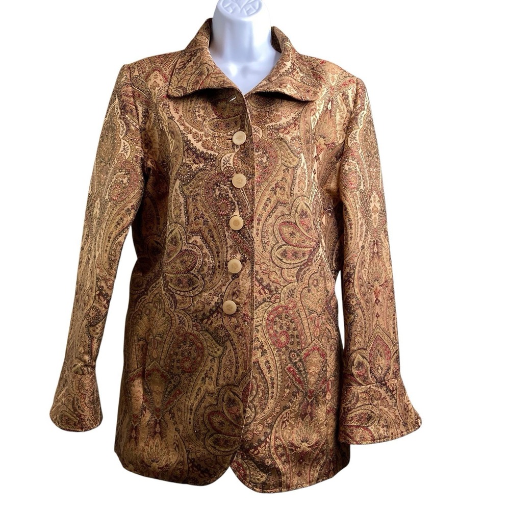 ALEASE FISHER Brown Paisley Jacquard Jacket Sz 10 Old Money Classic Quiet Luxury